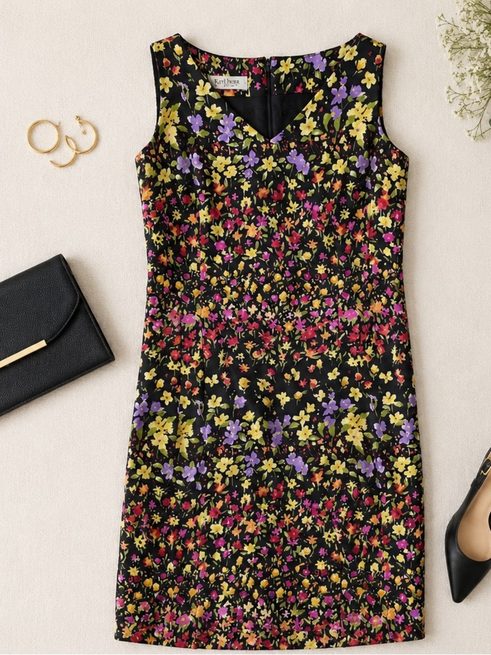 Kay Unger Black Floral‎ Sleeveless Dress Colorful Garden Print Midi Dress